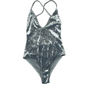 Blue Life Revolve Crushed Velvet V-Neck Plunge Strappy Bodysuit Blue Medium